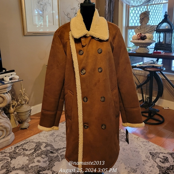 Guess Mens Double-Breasted Faux Shearling Long Coat Faux Suede Faux Fur #678 - Picture 5 of 16